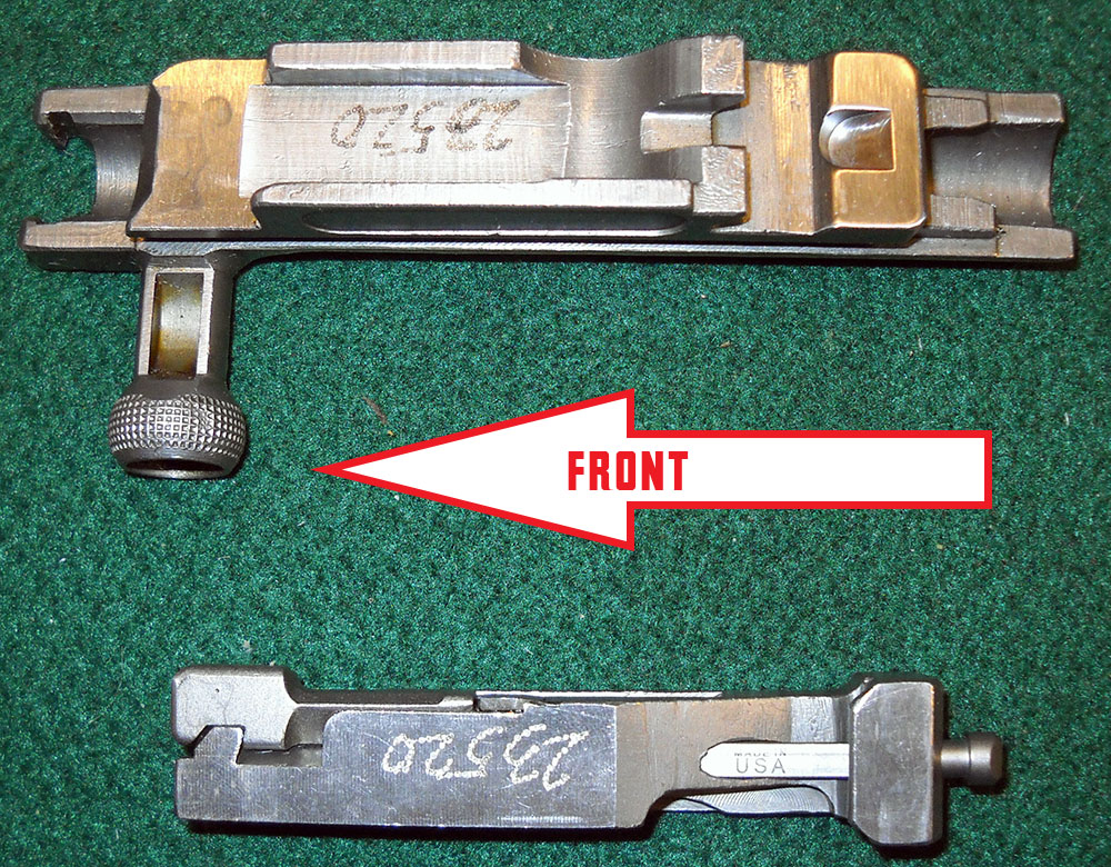 detail, SKS bolt and carrier with Murray's firing pin mod and directional arrow